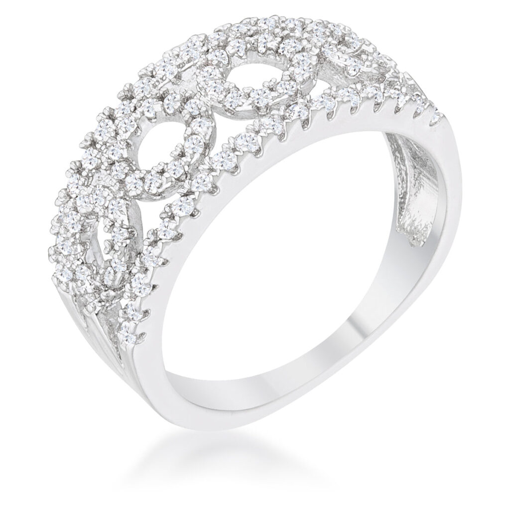 Clear round cubic zirconia pave-set band ring in rhodium plated over lead free alloy (brass).