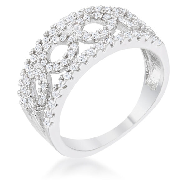 Clear round cubic zirconia pave-set band ring in rhodium plated over lead free alloy (brass).