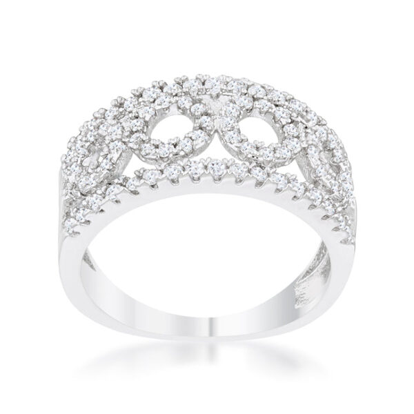 Round clear cubic zirconia in a pave setting on the 2mm contemporary band ring.