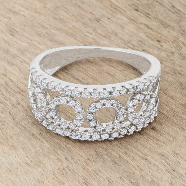 Contemporary band ring with round clear cubic zirconia accent stones measuring 1.15 Mm each.