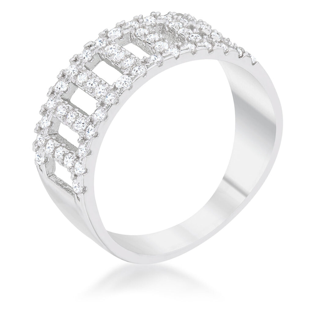Contemporary band ring in rhodium plated over lead free alloy (brass) with round purple cubic zirconia in a pave setting