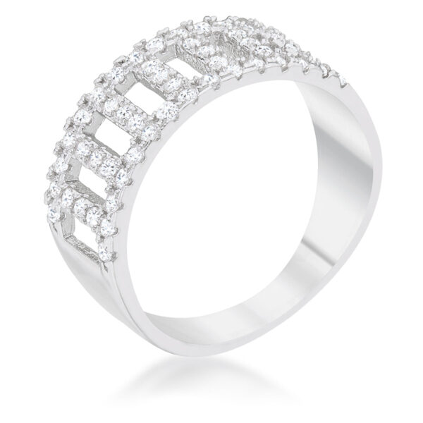 Contemporary band ring in rhodium plated over lead free alloy (brass) with round purple cubic zirconia in a pave setting
