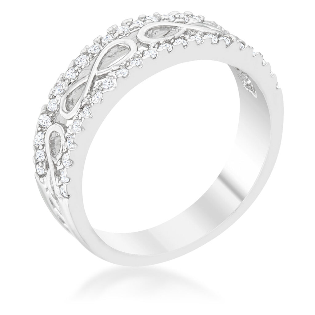 Contemporary infinity band ring with round pave-set cubic zirconia on rhodium plated over lead free alloy (brass).