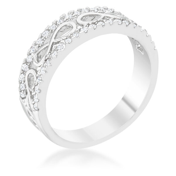 Contemporary infinity band ring with round pave-set cubic zirconia on rhodium plated over lead free alloy (brass).