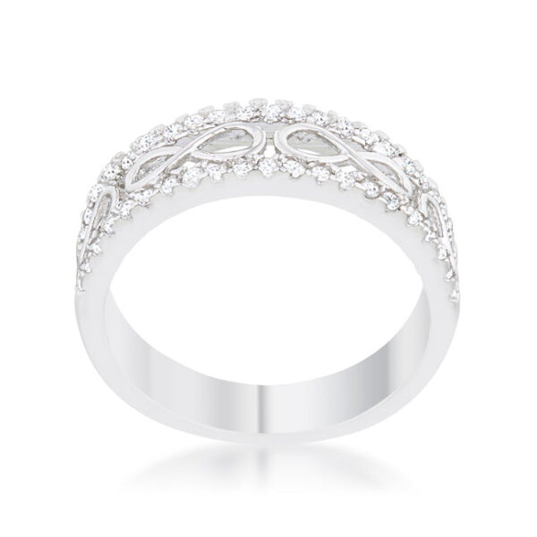 4mm infinity band with round 1.25 Mm pave-set cubic zirconia and rhodium plated over lead free alloy (brass).