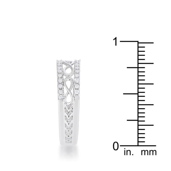 Classic contemporary infinity band in rhodium plated over lead free alloy (brass) with pave-set cubic zirconia.