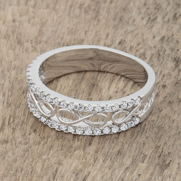 Infinity band ring with 0.4 ct total carat weight of pave-set cubic zirconia and rhodium plated over lead free alloy (brass).