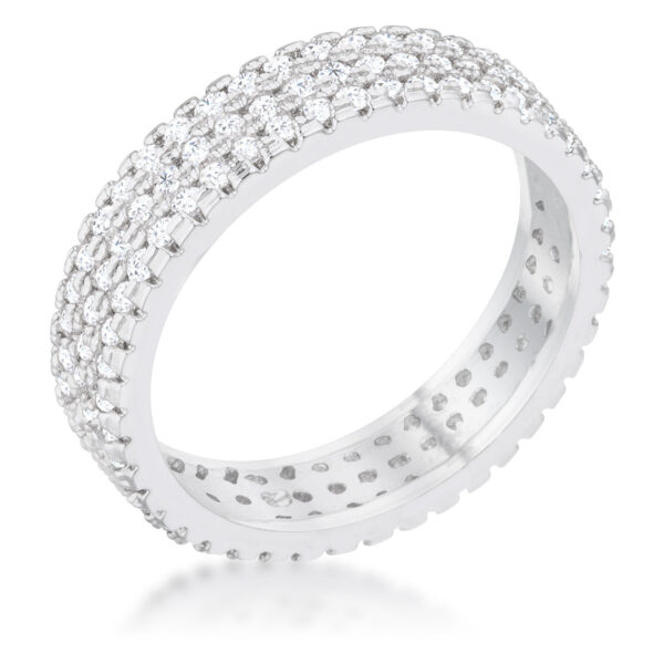 Classic 5mm band ring in rhodium plated over lead free alloy (brass) with round 1.25 Mm pave-set cubic zirconia.
