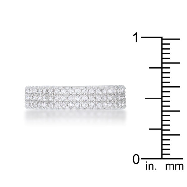 Classic band ring with round pave-set cubic zirconia and rhodium plated over lead free alloy (brass).