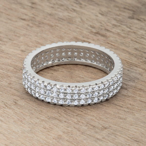 Rhodium plated over lead free alloy (brass) classic band ring with round 1.25 Mm pave-set cubic zirconia.