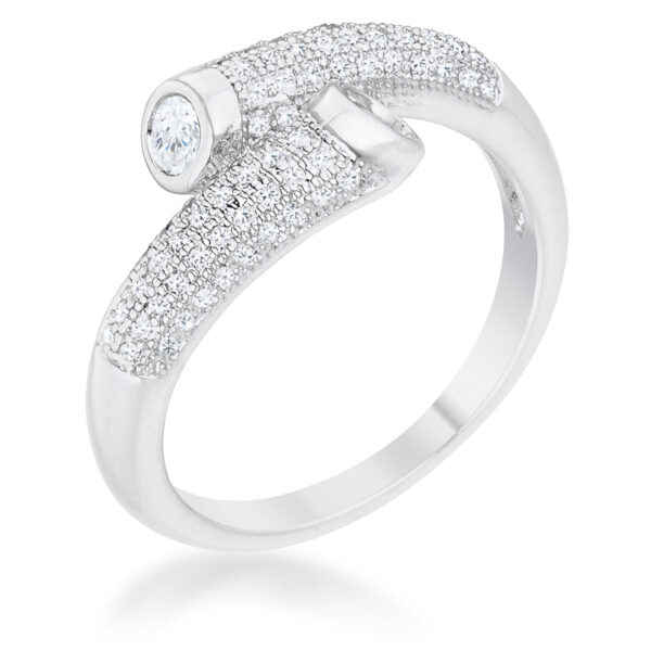 Contemporary wrap ring in rhodium plated over lead free alloy (brass) with green round cubic zirconia in a pave setting.