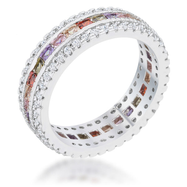 Round multicolor cubic zirconia in a Pave setting on a 5.5mm classic band, rhodium plated over lead free alloy (brass).