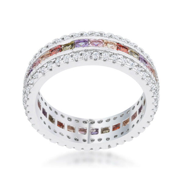 Multicolor round cubic zirconia Pave band ring, rhodium plated over lead free alloy (brass).