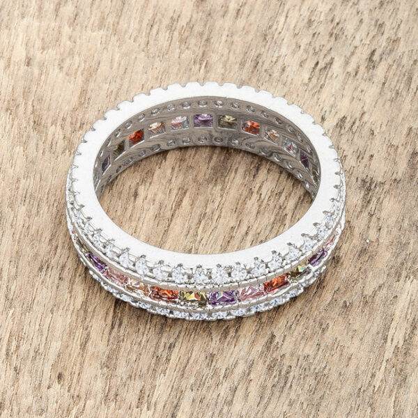 Classic multicolor cubic zirconia band ring rhodium plated over lead free alloy (brass).