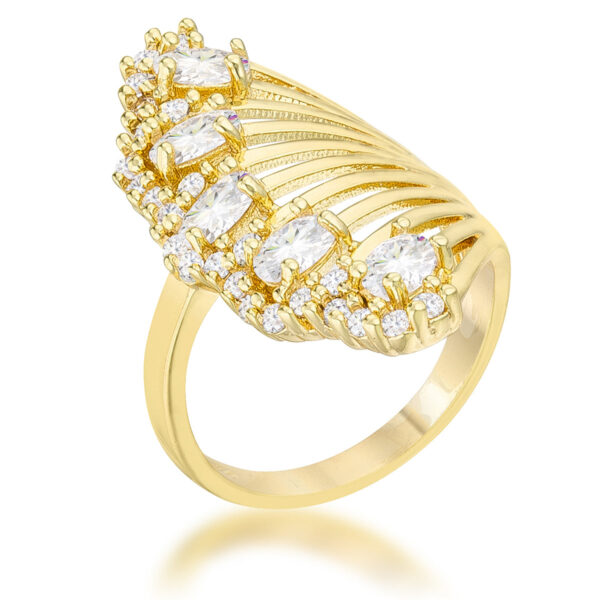 Yellow round cubic zirconia cocktail ring in gold tone over lead free alloy (brass), with prong settings and 2.15 ct total weight.