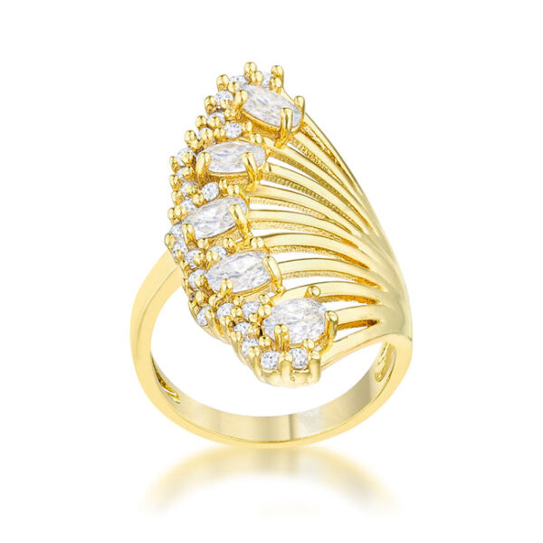 3mm wide contemporary cocktail ring in gold tone over lead free alloy (brass) with yellow round cubic zirconia in prong settings.