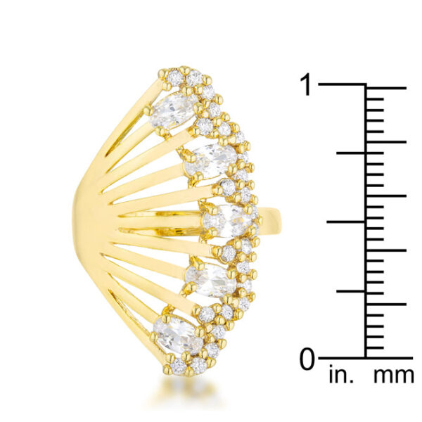 Yellow round cubic zirconia measuring 3 X 5 Mm in prong settings on a gold tone over lead free alloy (brass) ring.