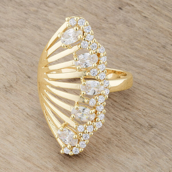 Yellow round cubic zirconia prong set cocktail ring, 3mm wide, in gold tone over lead free alloy (brass).