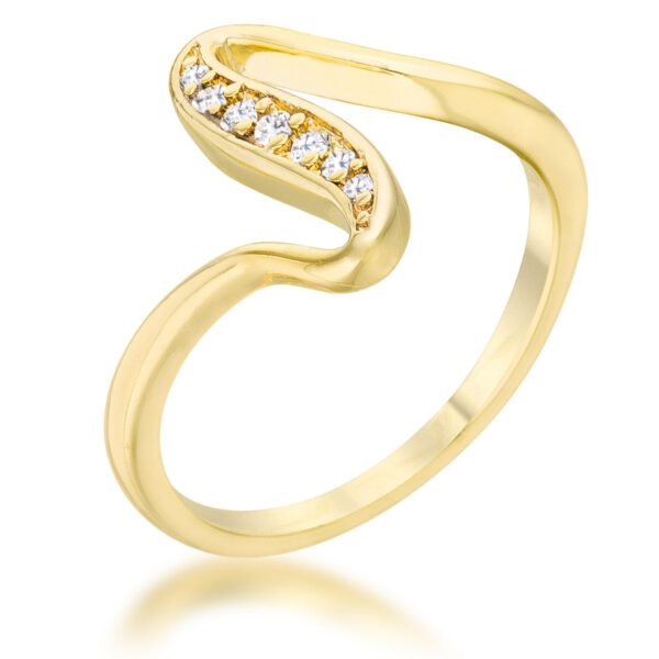 Simple wave ring in gold tone over lead free alloy (brass) with round 1.5 (mm) cubic zirconia in pave.