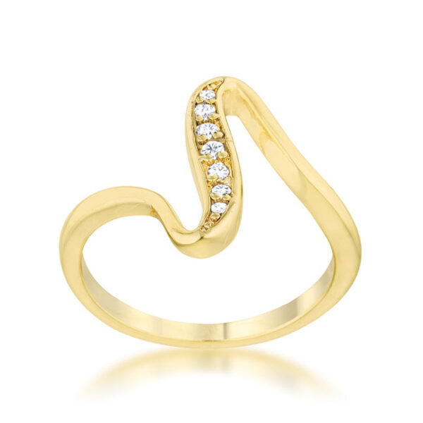 Gold tone over lead free alloy (brass) simple wave ring with a 2 mm band and pave-set round cubic zirconia.