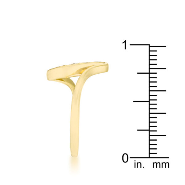 Simple wave ring in gold tone over lead free alloy (brass) with 0.07 ct total carat weight of round cubic zirconia.