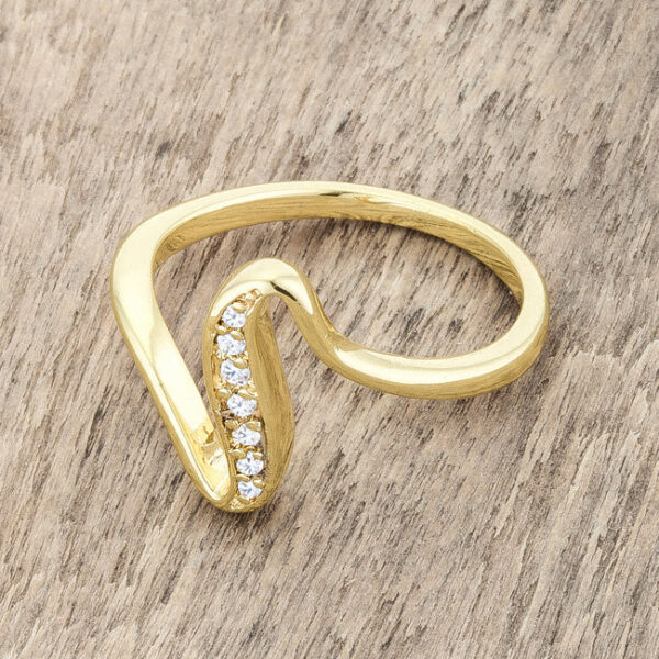 Pave-set round cubic zirconia simple wave ring in gold tone over lead free alloy (brass) with a 2 mm band.
