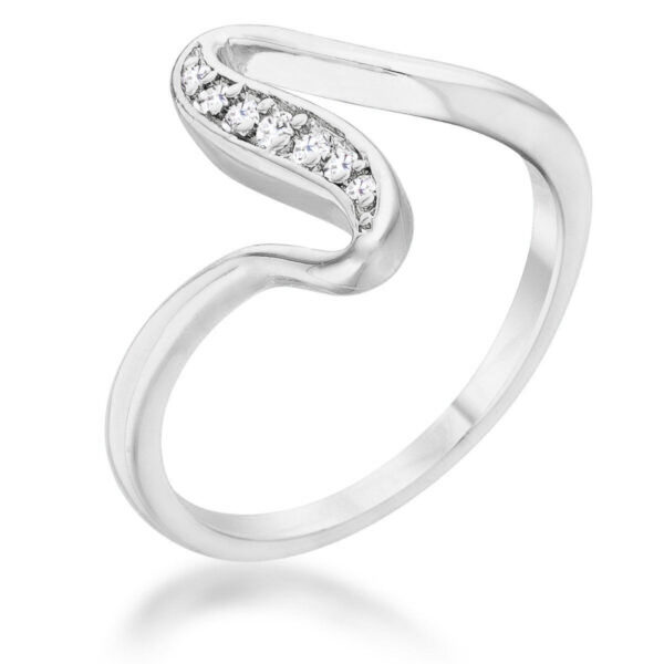 Simple wave ring in rhodium plated over lead free alloy (brass) with round cubic zirconia in a pave setting.