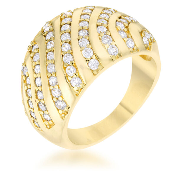 Contemporary dome ring in gold tone over lead free alloy (brass) with clear round cubic zirconia in prong settings