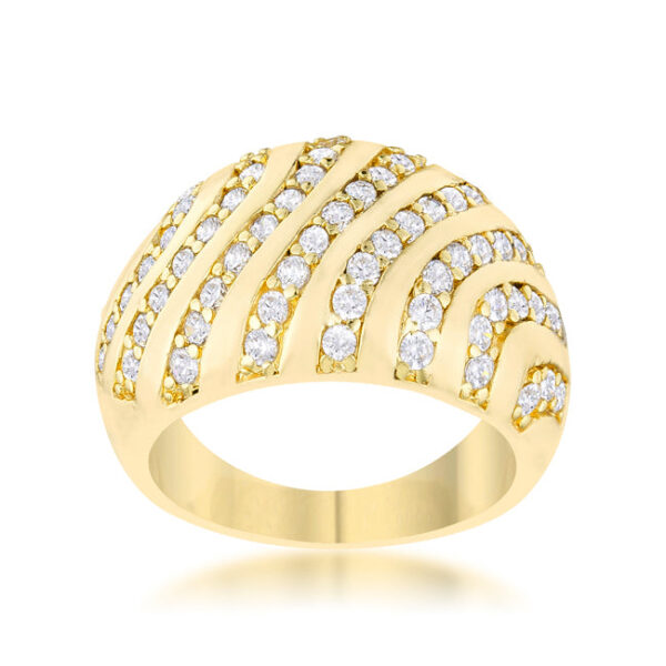 Gold tone over lead free alloy (brass) contemporary dome ring with clear round cubic zirconia