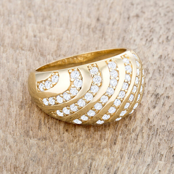 Gold tone over lead free alloy (brass) dome ring with clear round cubic zirconia and 0.95 ct total weight
