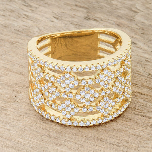 Wide band ring in gold tone over lead free alloy (brass) with round 1 Mm cubic zirconia