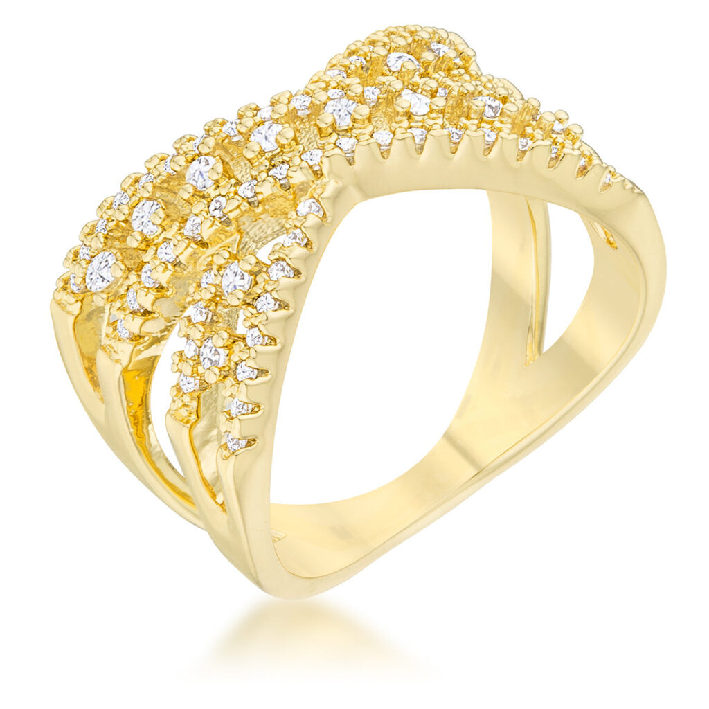 Classic criss cross ring in gold tone over lead free alloy (brass) with round 1 Mm cubic zirconia in a pave setting.
