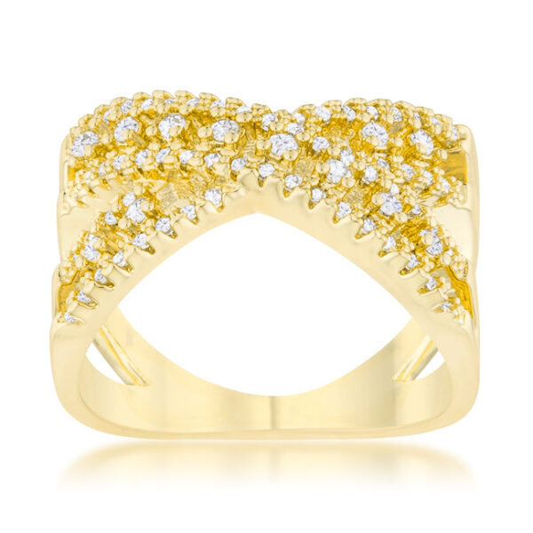 Gold tone over lead free alloy (brass) classic criss cross ring measuring 2.5mm wide with pave-set cubic zirconia.