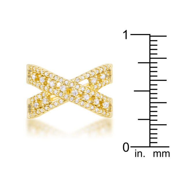 Round 1 Mm cubic zirconia in a pave setting on a classic criss cross ring in gold tone over lead free alloy (brass).