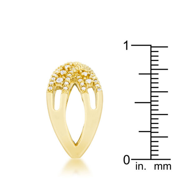 Classic criss cross ring in gold tone over lead free alloy (brass) with 0.37 ct total carat weight of cubic zirconia.