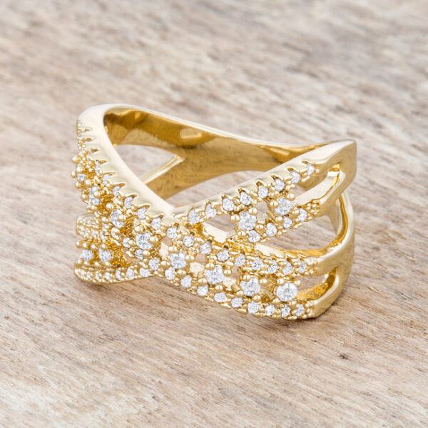 Pave-set round cubic zirconia criss cross ring in gold tone over lead free alloy (brass), measuring 2.5mm wide.