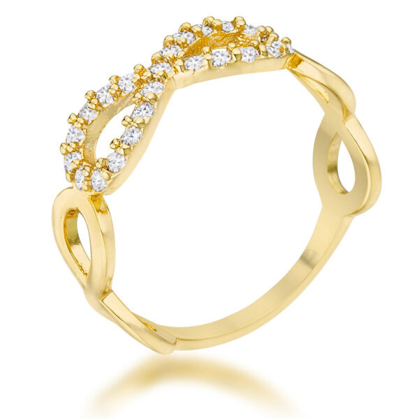 Infinity ring in gold tone over lead free alloy (brass) with round cubic zirconia in a pave setting.