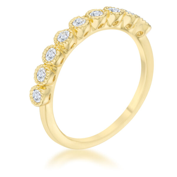 Classic 14K band in gold tone over lead free alloy (brass) with round 2 (mm) cubic zirconia and a bezel setting.