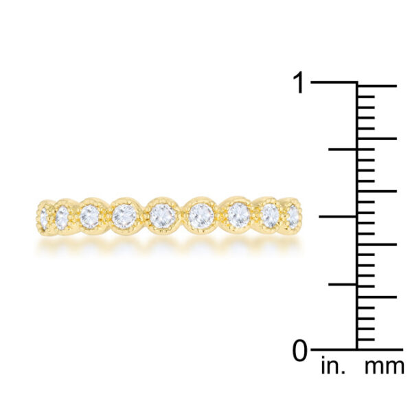 Round 2 (mm) cubic zirconia with a bezel setting on a 14K band in gold tone over lead free alloy (brass).