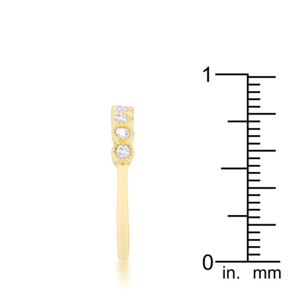 Classic cubic zirconia band in gold tone over lead free alloy (brass) with a 1.5 Mm width and bezel setting.