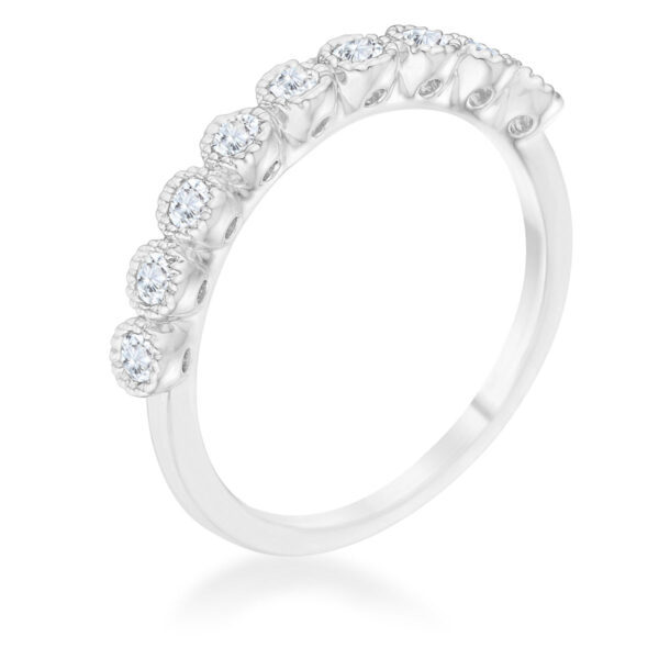 Rhodium plated over lead free alloy (brass) classic band ring with round bezel-set cubic zirconia.