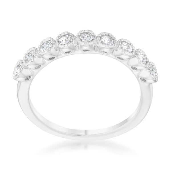 Round 2 (mm) cubic zirconia in bezel settings on a rhodium plated over lead free alloy (brass) band ring.