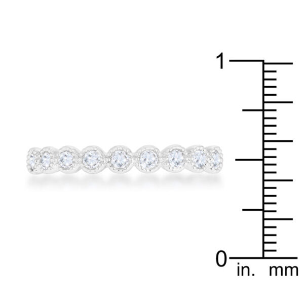 Rhodium plated over lead free alloy (brass) band ring measuring 1.5 mm with round cubic zirconia.