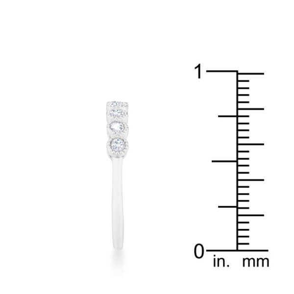 Classic rhodium plated over lead free alloy (brass) ring with round bezel-set cubic zirconia.