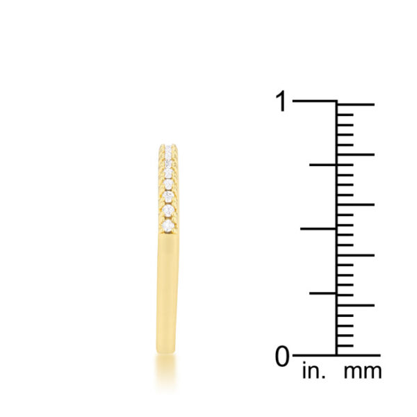 Delicate band ring in gold tone over lead free alloy (brass) with 0.11 ct total carat weight of cubic zirconia.