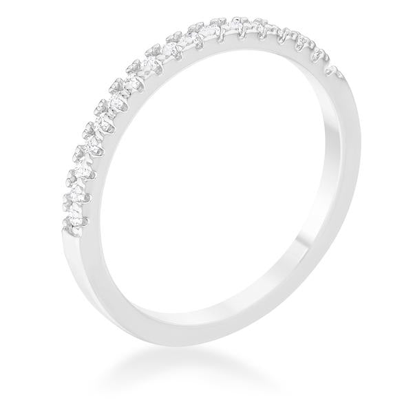 Rhodium plated over lead free alloy (brass) classic band ring with round cubic zirconia in a channel setting.