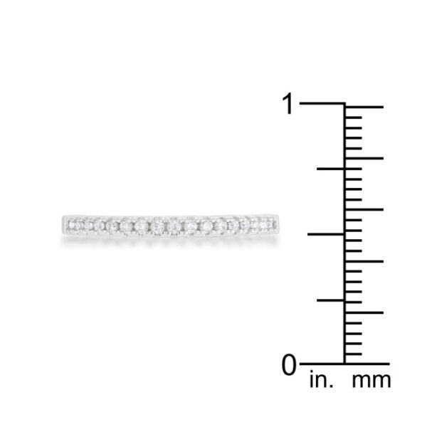 Round cubic zirconia accent stones measuring 1.15 Mm in a channel setting on a rhodium plated over lead free alloy (brass) band ring.