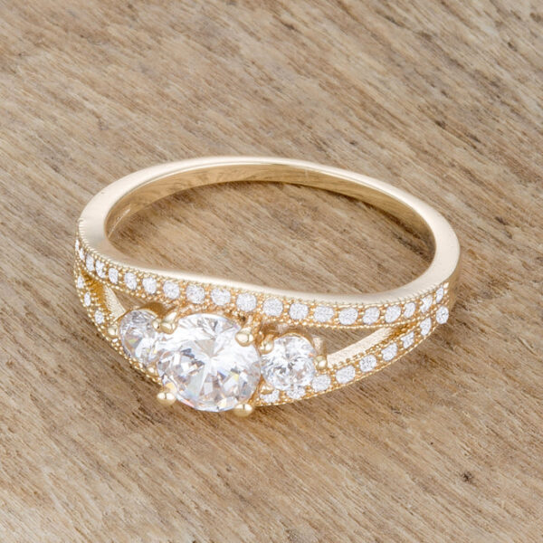 Classic cubic zirconia ring in gold tone over lead free alloy (brass), with a 1.5mm band and prong setting.
