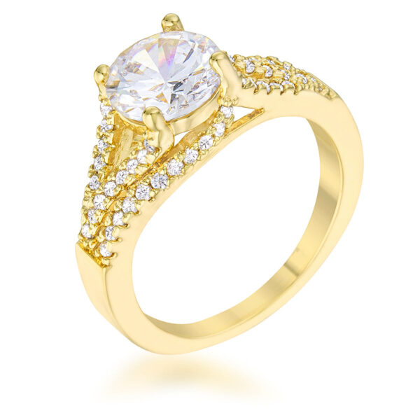 Classic ring in gold tone over lead free alloy (brass) with round 1.15mm cubic zirconia in prong settings.
