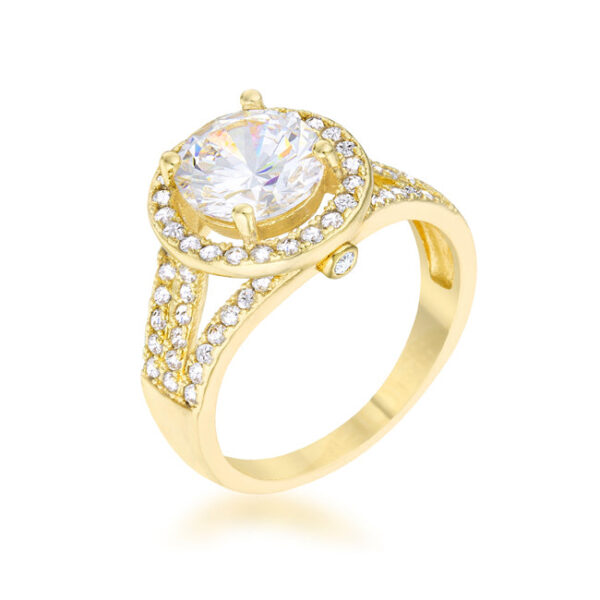 Classic ring with round prong-set cubic zirconia, 2.5 ct total carat weight, and a gold tone over lead free alloy (brass) finish.